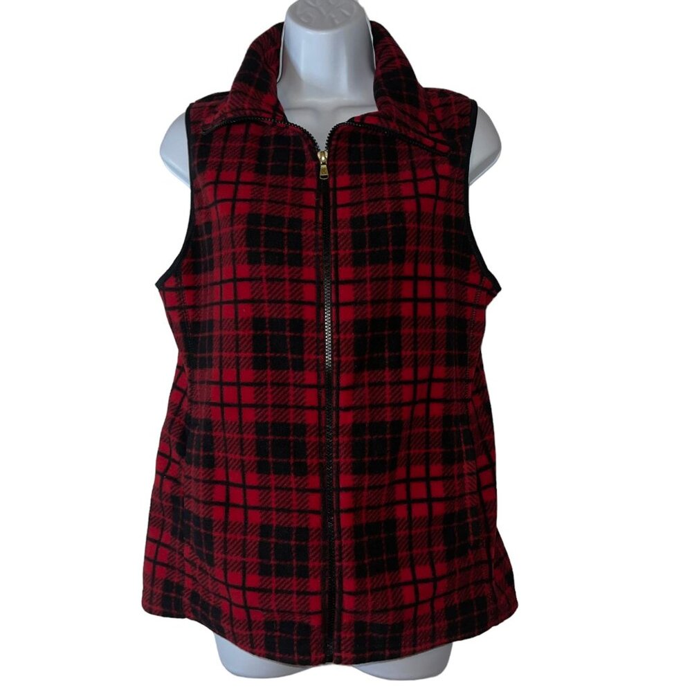 NWT Chaps Red Black Plaid Fleece Vest Womens S Christmas Holiday Pockets Soft